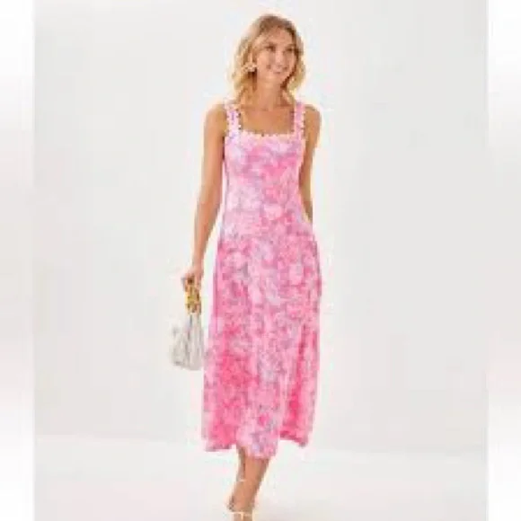 Lilly Pulitzer Dwyer Midi Dress Rousseau Pink Zen Garden XL NWT - Picture 1 of 5